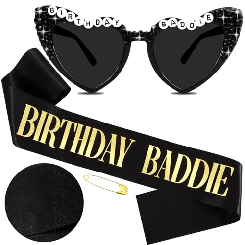 Hapdoo Birthday Baddie Sash and Sunglasses for Women Black BIRTHDAY BADDIE Sash with Gold Foil for Girl Happy Funny Birthday Decorations Baddie Accessories for Women Men Party Favors Supplies