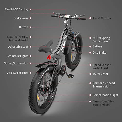 Aostirmotor 750W Electric Bike For Adults 26"×4" Fat Tire Electric Bike 48V 15Ah Adult Electric Bicycles, Full Suspension 28Mph E Bike For Adults, Shimano 7 Speed Electric Mountain Bike (Gray-Black) #TOP2