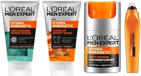 L'Oreal Paris L'Oréal Paris Men Expert, Hydra Energetic Skincare For Men, For Dry and Tired Skin, With Vitamin C, Routine Bundle - Face Scrub 100ml, Face Wash 100ml & Face Moisturiser 50ml & Eye-Roll On 10ml