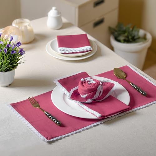 Image of FINGERCRAFT Cloth Napkins Set of 6, 20x20 Inch Cotton Linen Blend Dinner Napkins Lace Trim, Reusable Washable Table Napkins for Wedding, Farmhouse Dining, Parties & Home Decor (Fuchsia)