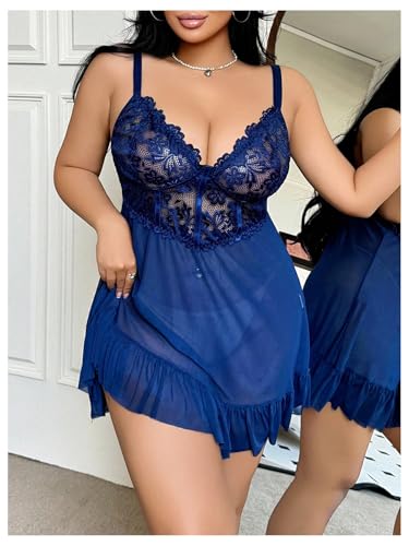 OYOANGLE Women's Plus Size 3 Piece Sheer Robe Lingerie Set V Neck Lace Ruffle Chemise and Thongs Mesh Sleepwear3