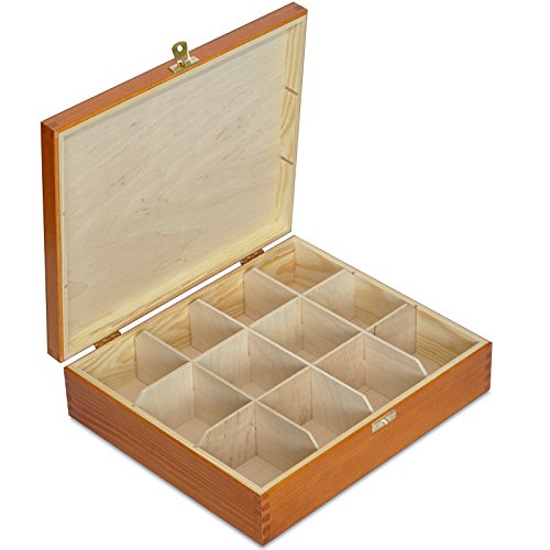 Hell-Braune Tee-Box aus Natürliches Kiefernholz | 29 x 25 x 7,5 cm | mit 12 Fächer und Deckel | Tee-Organizer | Perfekte Tee-Kiste für