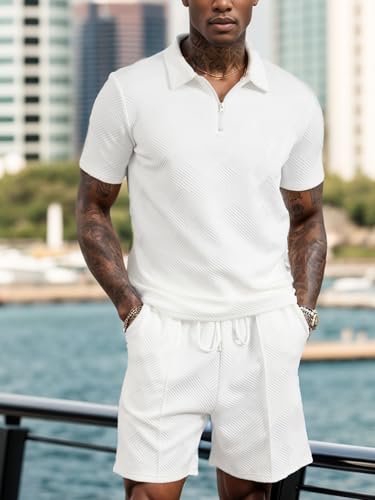 UOUA Mens Summer Track Suits 2 Piece Shorts Sets Short Sleeve Sweatsuit Outfits 1/4 Zip Golf Polo Shirts Loungewear3