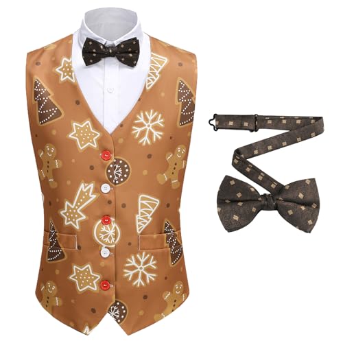 Men's Festive Suit Vests with Tie, Waistcoat V-Neck Slim Fit Wedding Carnival Party Holiday Costumes Adult