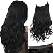 SARLA 14" Wavy 4.3oz Synthetic Wavy Halo Hair Extension Natural Hairpieces No Clip No Glue No Tape Size can be adjusted (M04, 1B Jet Black)