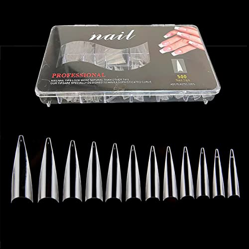 JZK 500x Clear Extra Long Half Cover Stiletto Nail Tips for Acrylic Extensions Long Pointy False Nail Tips for Gel And Acrylic Nails Finger Nail Extension Tips For Nail Salon