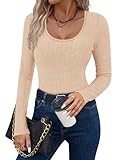 Ekouaer Women's Scoop Neck Shirts Long Sleeve Top Basic Ribbed Tee Lightweight Thermal Undershirt Slim Fit Pullover Sweater Skin Color M