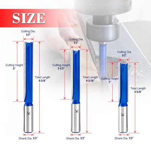RURITKIT 3Pcs Extra Long Straight Router Bit Set 1/2 Shank, Carbide Tipped Double Flute Straight Bit Dado Straight Cut Router Bit for Woodworking, 2",2-1/2",3" Cutting Length,1/2" Cutting Dia. by RURITKIT - Image 2