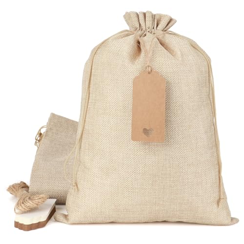 Tapleap Burlap Gift Bags with Drawstring, 30Pcs 10x14 Sacks in Bulk for Wrapping Mother's Day Favors, Wooden Cross, For Birthday, Wedding, Church