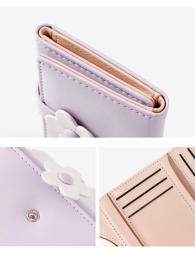 MEISEE Small Wallet for Girls Women Tri-folded Wallet Cash Pocket flowers Print Card Holder Coin Purse with ID Window elegant youthful and cute -2-purple-A4