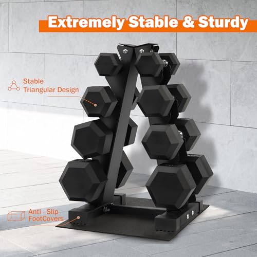 Image of Fitvids 100 LB Rubber Coated Hex Dumbbell Set with Storage Rack, 5-25LB Hand Weight Set with Anti-Slip Grip for Home Gym