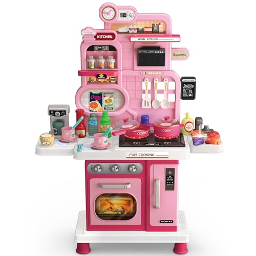 Play Kitchen Set Kids Kitchen Playset with Realistic Sound & Light Cooking Stove Sink Play Food and Accessories 57 Pcs Kitchen Toys Gifts for Toddlers 2-4 3-5 Girls (Pink)