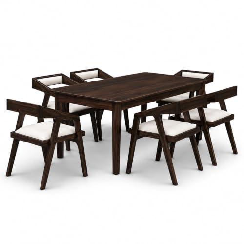 Image of Solid Sheesham Wood 6 Seater Dining Table with Cushioned Chairs with 2 Drawer Storage, Furniture for Dinner Rooms Walnut Finish (6 Seater)