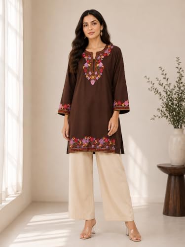 Image of HAUTEMODA Women Cotton Floral Embroidered Short Kurti, Tunic, Three-Fourth Sleeves, White