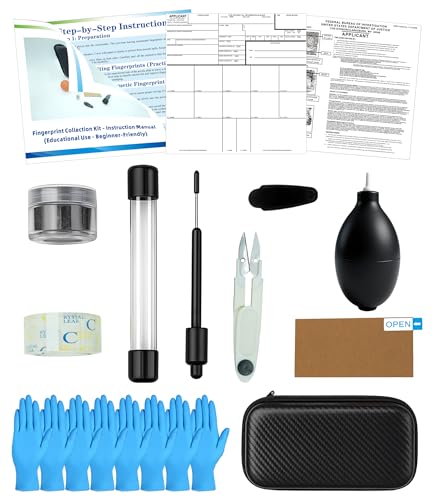 TillBio Latent Fingerprint Kit 13-Piece Set Magnetic Two-Tone Powder Magnetic Brush Fingerprint Cards & More for Classroom and Forensic Science Education (13-in-1 Set)