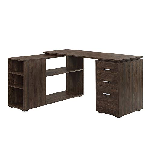 BELLEZE L Shaped Computer Desk, 60” Study Writing Table Home Office Desk Morden Corner Workstation Setup with Adjustable Storage Shelves and 3 Drawe