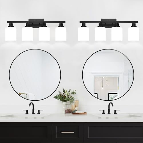 Image of MOKATNG 4-Light Bathroom Light Fixtures, Vanity Light with Milky White Shades, Matte Black Bathroom Light Fixtures Over Mirror, Modern Bathroom Wall Lamp for Mirror Living Room Cabinet Bedroom