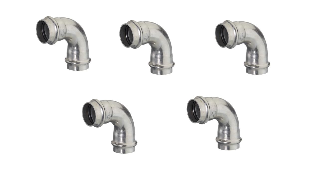 zbs24 Pressfittings Edelstahl Inox, Bogen 28mm 90° I/I (5 Stück) mit Dichtungen für Heizung und Trinkwasser, V-Press-Kontur, DVGW geprüft