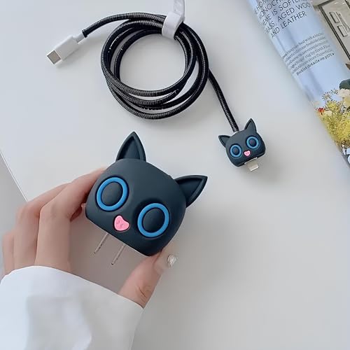 Image of Cable Protector with Protective Case for iPhone Charger18W & 20W Charger Cover|Full 3DProtection|Protection Sleeve Cord Saver for Cable & Adapter|360Protection Set of-1 (Black Cat )