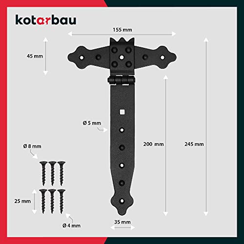 KOTARBAU® 2er Set Kreuzgehänge Schwarz 200 mm Ladenband Scharnier Schwarz Band Torbeschlag Holzverbindung Werfgehänge Pulverbeschichtet Türscharnier Aussen Tor Scharniere Torbänder