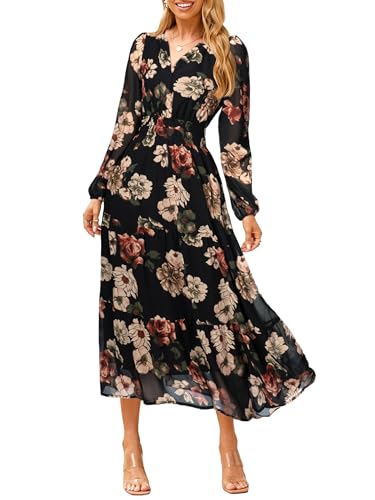 Simplee Women's Floral Boho Long Sleeve Maxi Dress V Neck Empire Waist Swing Flowy Wedding Guest Dress Black Orange Floral XL