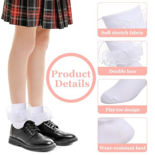 Ruffle Socks Women,Adult Double Lace Turn Cuff Cotton Frilly Dress Socks Cute Bobby Sock with Ruffles Lightweight Cotton Sock for Womens (1 Pair,White)3