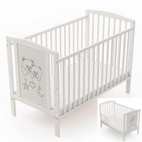 Genérico Cuna Timmi 2 en 1 con Motivo de Ositos de Peluche, Fabricada en Madera de Haya Incluye Kit de conversión y colchón de Espuma de 60x120 cm