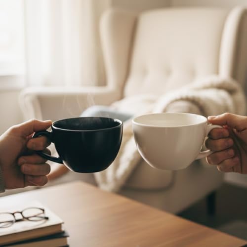 Image of BLACKCARROT Large Fine Ceramic Coffee Cup Set of 2, Black and White, 380ml | Cappuccino Cups | Glossy Finish | Large Ceramic Coffee Cups | Premium Stoneware | Microwave Safe