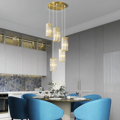 Image of Gold Pendant Lighting Modern Pendant Light, Mini Crystal Chandeliers,Adjustable Pendant Light Fixture for Kitchen Island Dinning Room Corridor Bedroom(Gold 5-Light)