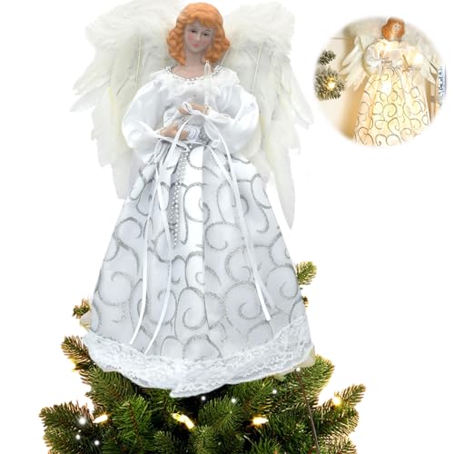 32CM áNgel De áRbol De Navidad, Adorno Punta Arbol Navidad con Led Luz Angel para Arbol DecoracióN con Aalas de Plumas Adornos para Decor Hogar Y Fiestas