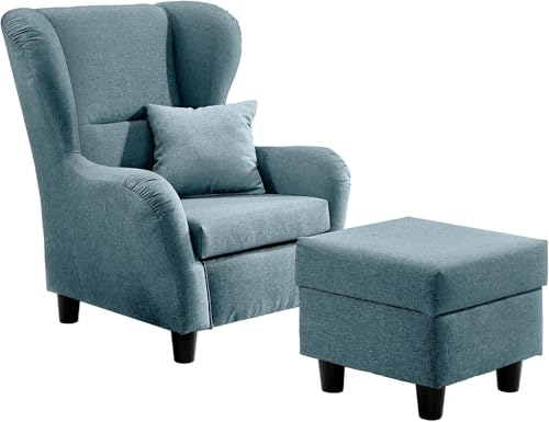lifestyle4living - Moderner Ohrensessel mit Hocker – Große Auswahl an Stoffen und Farben - Gemütlicher Designer-Sessel im eleganten Landhaus-Stil, Blau