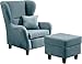 Produktbild lifestyle4living - Moderner Ohrensessel mit Hocker  Große Auswahl an Stoffen und Farben - Gemütlicher Designer-Sessel im eleganten Landhaus-Stil, Blau