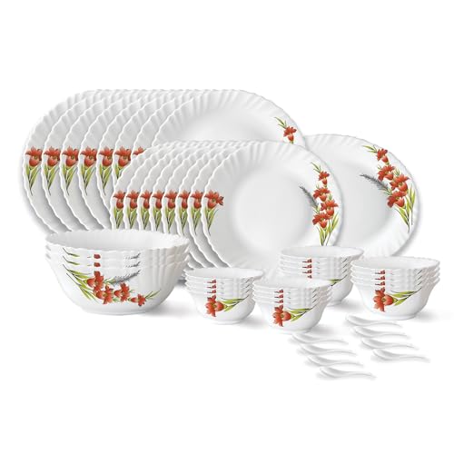 Larah by Borosil Red Iris Fluted Series Opalware Dinner Set | 44 Pieces for Family of 8 | Microwave & Dishwasher Safe | Bone-Ash Free | Crockery Set for Dining & Gifting | Plates & Bowls | White