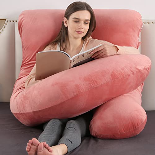 Image of U-Shaped Full Body Pregnancy Pillow for Sleeping - 57 inch Maternity Pillow with Removable Cover, Support for Back, Legs, Belly & Hips (Velvet -Pink)