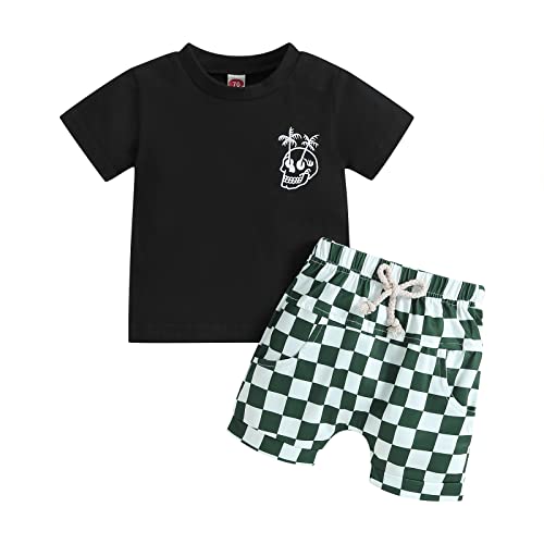 Image of Newborn Baby Boy Summer Clothes Short Sleeve Skull Palm Tree T-Shirt Top Checkerboard Shorts 2Pcs Outfit