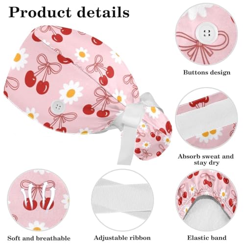 Image of Butterfly Scrub Cap Women with Ponytail & Buttons Adjustable Surgical Nurse Hat with Cotton Sweatband for Long Hair