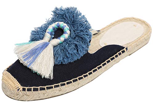 U-Lite Women's Comfort Tassel & Fluffy Ball Embellishment Canvas Mule Shoes Espadrilles Navy10 #TOP2