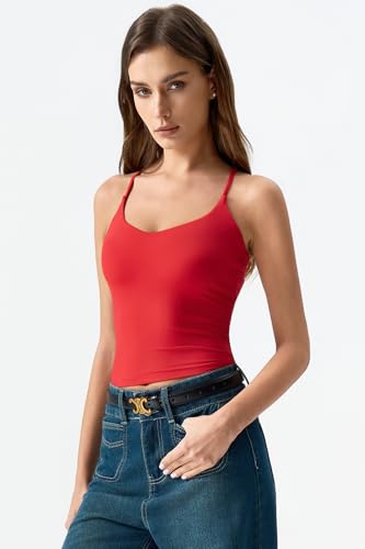 Image of QINSEN Womens Cross Back Tank Top V Neck Double Lined Camisole Top Sleeveless Spaghetti Strap Going Out Tops