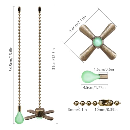Dotlite 2Pack Bronze Ceiling Fan Pull Chains Glow in the Dark,3mm Diameter Beaded Decorative Light Pull Chain Pendant Extension, Fan and Bulb Shaped Ornaments Cord Extender