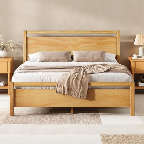 Image of AMERLIFE Queen Size Solid Wood Bed Frame with Headboard, Minimalist Platform Bed with Wood Slats Support /No Box Spring Needed /Easy Assembly /Noise-Free, Natural