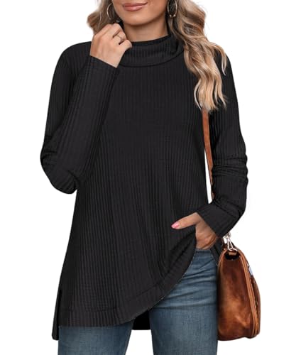 Image of RITERA Women's Plus Size Waffle Tops Long Sleeve Turtleneck Sweater Shirts Knit Tunic Oversized Casual Pullover Blouse XL-5XL