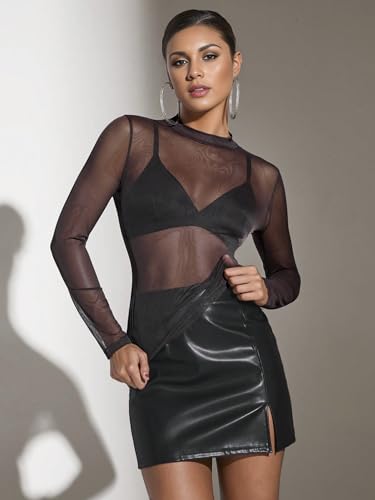 OFEEFAN Womens Long Sleeve Mesh Top See Through Mock Neck Sheer Blouses3