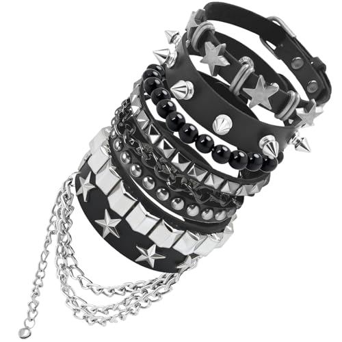 ZLFSRQ 5Pcs Emo Bracelets Punk Rock Studded Bracelet for Women Men Goth Leather Spiked Bracelets Emo Jewelry Accessories Y2K Grunge Cuff Bracelet Gothic Adjustable Wristband for 80s 90s Rocker Outfits