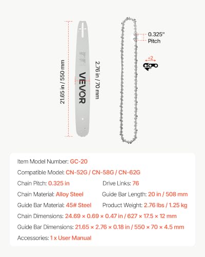 Image of VEVOR Bar & Chainsaw Chain Combo 20 inch .325 inch Pitch .058 inch Gauge 76 Drive Links | Fits VEVOR CN-52G / CN-58G / CN-62G Gas Chainsaw, Alloy Steel, Replacement Guide Bar & Saw Chain with Sharp Cutter Teeth