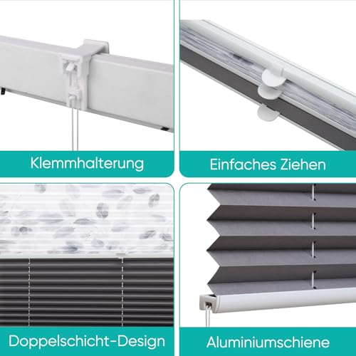 Sekey Plissee Day+Night Doppelplissee Verdunkelung ohne Bohren verspannt Lichtschutz 100x120cm Druck+Dunkelgrau – Ansicht 5