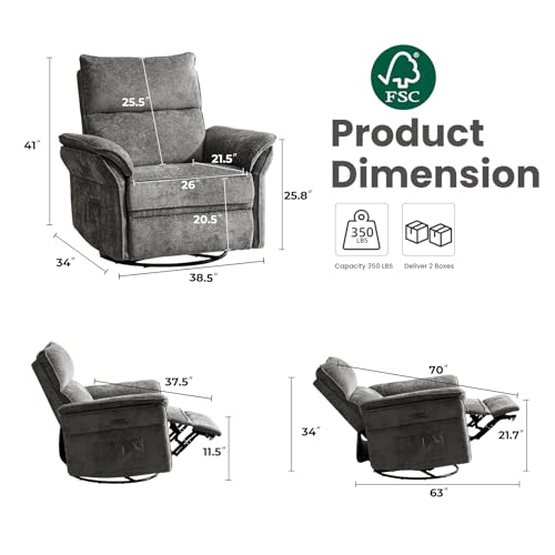 Image of Oversized Rocking Chair Nursery with Massage and Heat, Glider Recliner Nursery Chair with Adjustable Headrest, Power Swivel Rocker Recliner Chair with USB Port, Dark Grey