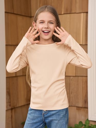 Image of Haloumoning Girls Long Sleeve Shirts Crewneck Ruched Side Slim Fit Tops Ribbed Knit Casual Tee Shirt 4-15 Years