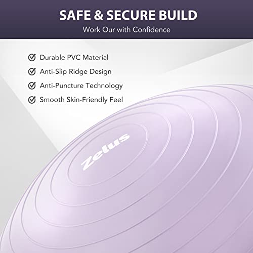 Image of ZELUS Balance Ball Trainer with Resistance Bands & Foot Pump, 23 Inch Inflatable Yoga Half Ball for Home Gym Workouts, Core Strength Fitness and Balance Training - 660lb Weight Capacity (Lilac)