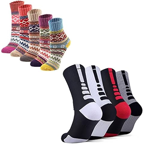 YQHMT 5 Pack Womens Thick Warm Knit Vintage wool socks and 4 Pack Basketball Socks Men's Outdoor Athletic Crew Socks Cover