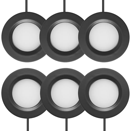 Image of GETINLIGHT 2.75-Inch LED Puck Light Kit, 6-Pack, Plug-in, 3000K, Black | Warm white light, 12V plug-in kit with in-line dimmer, recessed /surface mount. Model: IN-0102-6-BK